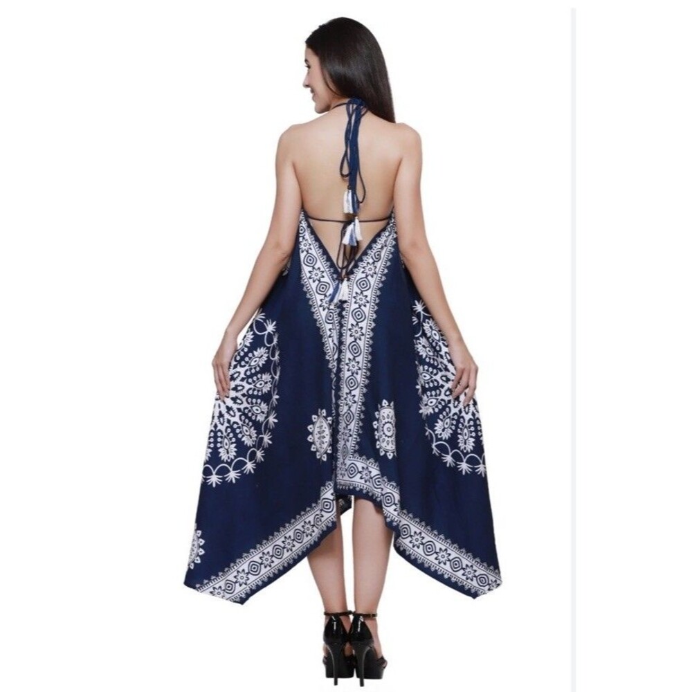 Advance Apparels Batik Boho Hippie Maxi Halter Dress with Handkerchief Hem OS